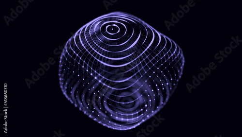 Abstract sphere of dots on the dark background. Digital vibration of points and connections. 3D rendering.