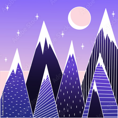  christmas night landscape, winter landscape with christmas tree, winter landscape with trees, night landscape with mountains, black and white illustration with mountains