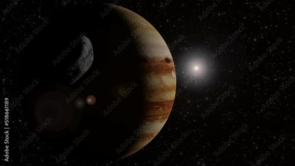 Beatiful sunrise on jupiter planet from space. Science fiction. Cosmos, planet and stars. Biggest planet of solar system. Asteroid. Nasa textures.