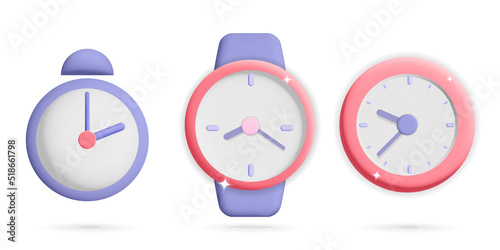 Collection of 3d vector cartoon cute pink and violet clocks icon design. Alarm clock, hand clock with arrows watches. Time management and time-keeping, business, work, time period concept symbol.