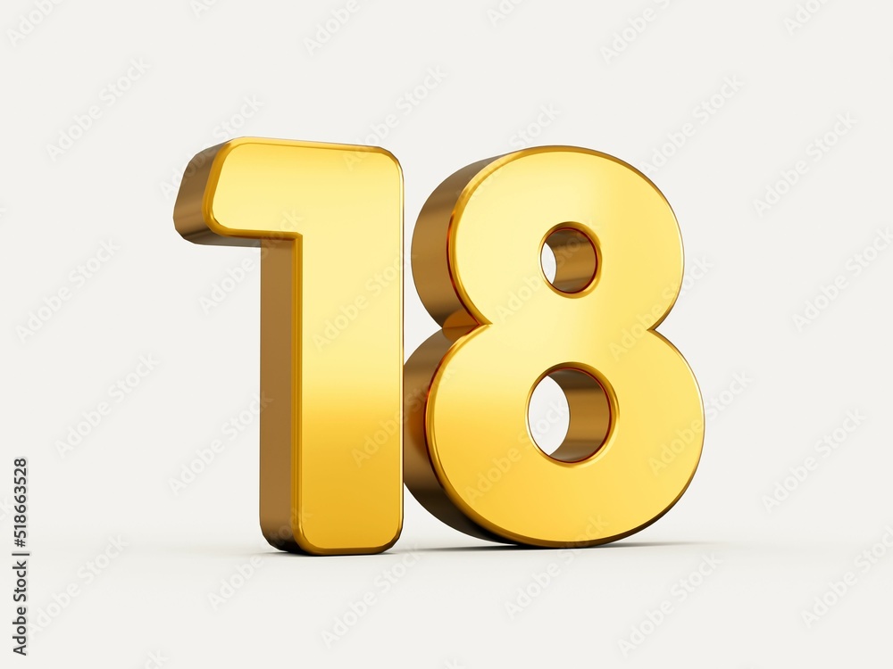 3d illustration of golden number 18 or eighteen isolated on beige