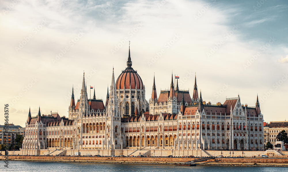 Hungarian parliament building and Danube river, Budapest, Hungary.
