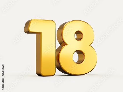 3d illustration of golden number 18 or eighteen isolated on beige background photo