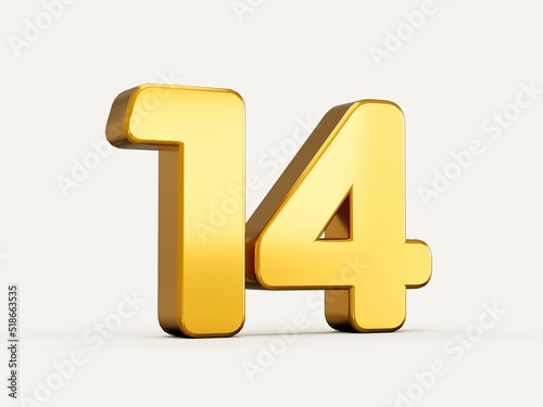 3d illustration of golden number 14 or fourteen isolated on beige background