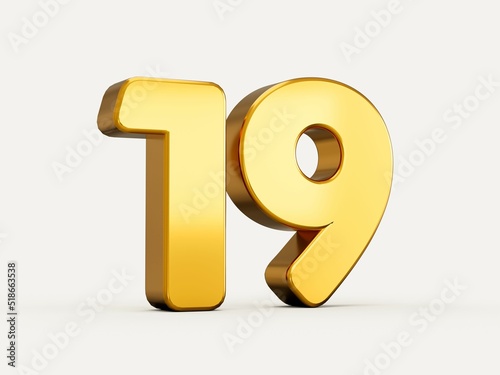 3d illustration of golden number 19 or nineteen photo
