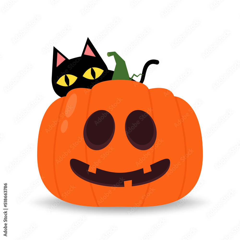 Cute black cat and Pumpkin head in Halloween day. Happy halloween greeting  card with monster pumpkin and black cat. Holidays cartoon character. Stock  Vector | Adobe Stock