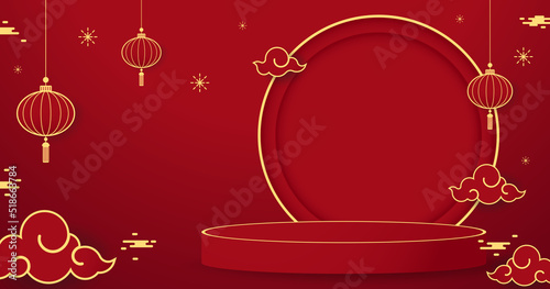 Happy Chinese new year 2023. Chinese new year banner with circle for show product. Greeting card. China frame with lantern on red background.