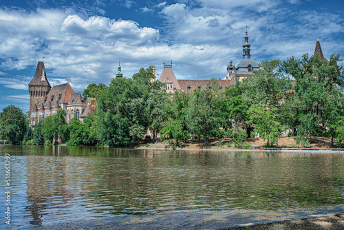 Historical building in Budapest - Vajdahunyad Castle with lake over the blue sky in main City Park.