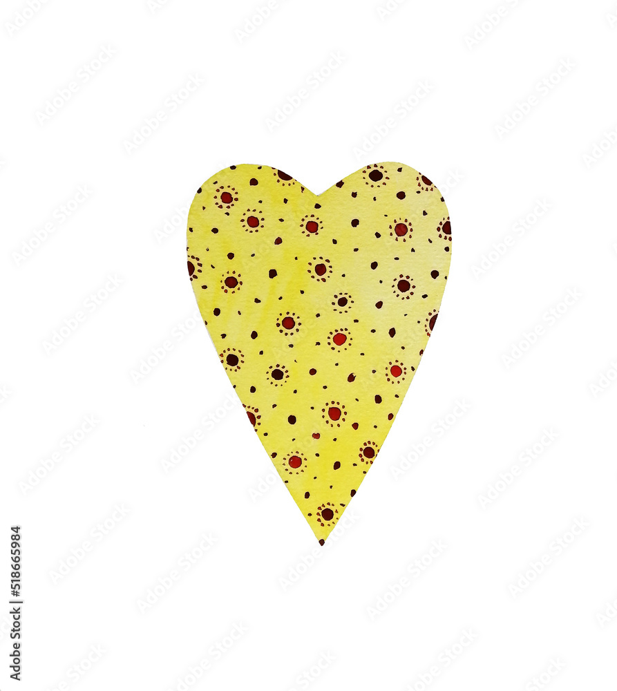 Heart yellow with small patterns. Watercolor illustration.