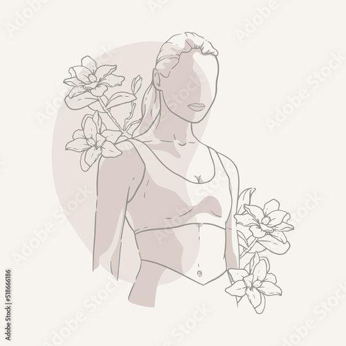 Girl in sports clothes. Top and leggings. Hair is gathered in a tail. Flowers, blooming lilies. Outline drawing, sketch. Vector illustration in a minimalist style. A beautiful toned body, training.