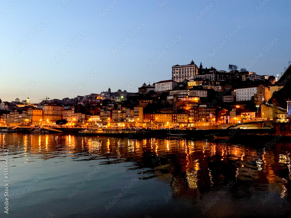 Porto, Portugal. Night view of Douro River and Ribeira area. Night view of Douro River in Porto and Vila Nova de Gaia