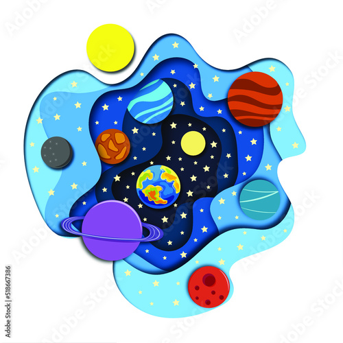 Paper cut style. Outer space banner with planets