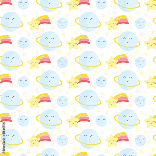 Wallpaper Mural Pattern with saturn and flying comets. Heavenly kawaii seamless pattern collection. Vector drawing on a white background. Use for interior, birthday and shower, baby and gender party, clothing prints Torontodigital.ca