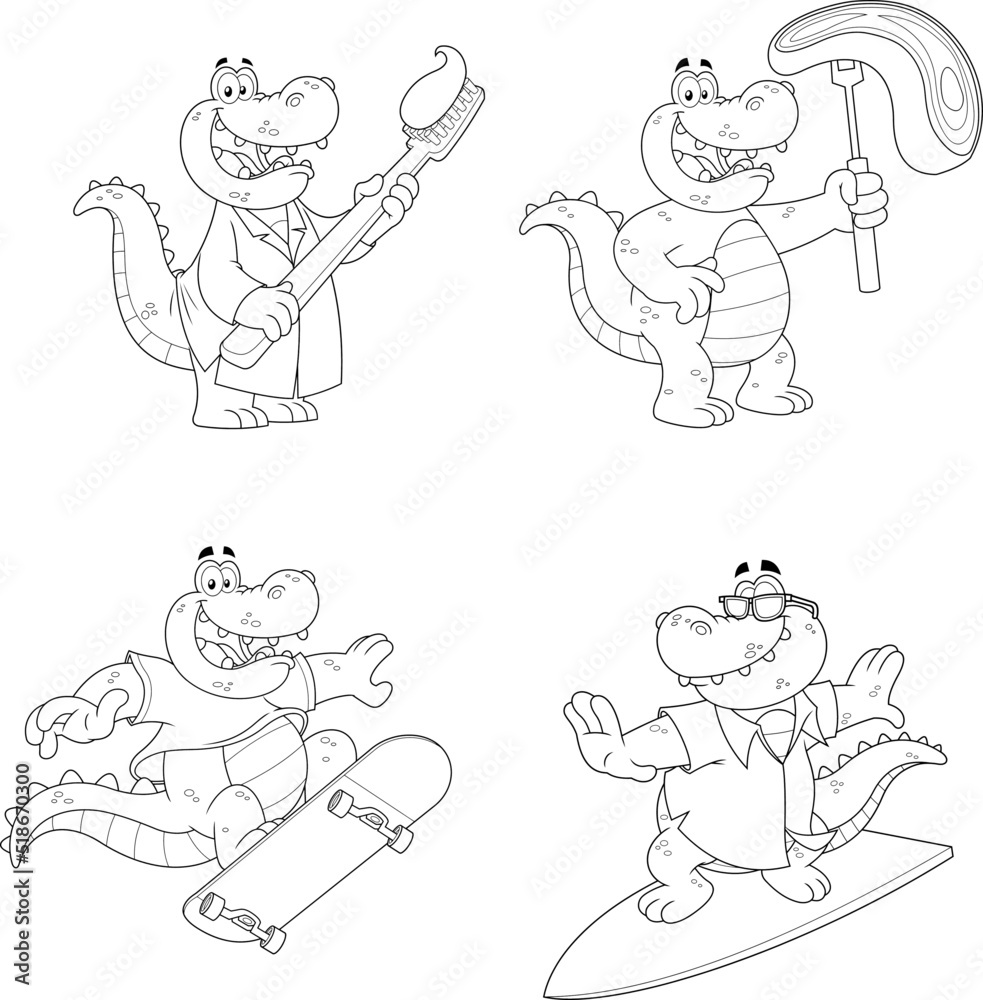 Outlined Alligator Or Crocodile Cartoon Character Different Poses. Vector Hand Drawn Collection Set Isolated On White Background