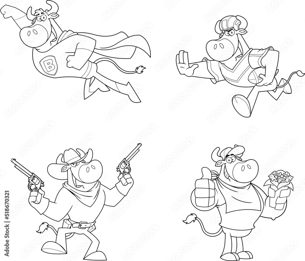 Outlined Bull Cartoon Mascot Character Different Poses. Vector Hand Drawn Collection Set Isolated On White Background