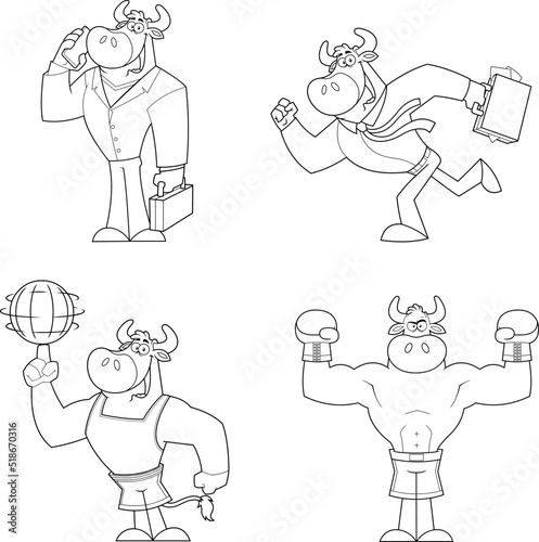 Outlined Bull Cartoon Mascot Character Different Poses. Vector Hand Drawn Collection Set Isolated On White Background