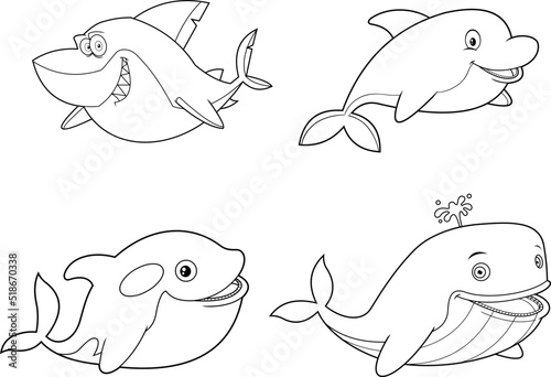 Outlined Ocean Or Sea Animals Cartoon Characters Different Poses. Vector Hand Drawn Collection Set Isolated On White Background