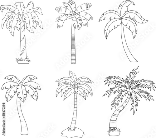 Outlined Cartoon Different Tropical Palm Tree. Vector Hand Drawn Collection Set Isolated On White Background