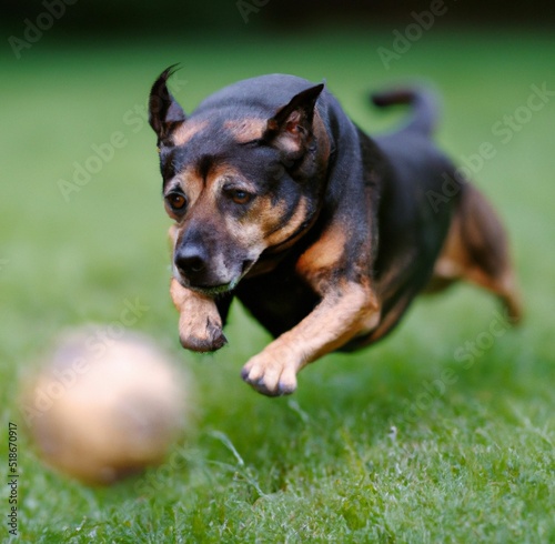 фотографія Closeup of a cute black and brown dog chasing its ball in a grassy field