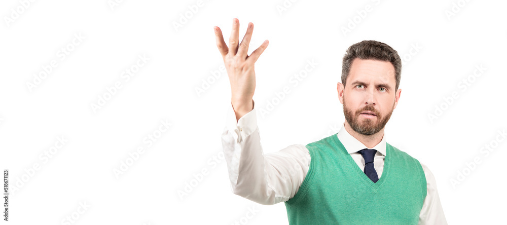 Man face portrait, banner with copy space. man planning his work. boss ready to examine business report isolated on white. Man face portrait, banner with copy space. man planning his work. boss ready to examine business report isolated on white.