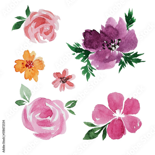 Drawn simple watercolor flowers. Floral set for decoration. Watercolor elements for invitation cards. Flowers for creating fabric patterns. Watercolor plants. Cosmetics. beauty industry.