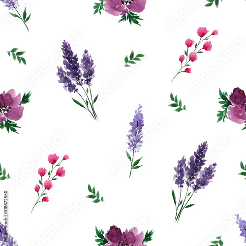 Painted watercolor pattern. Lavender. Watercolor pink flowers. Lavender pattern on a white background. Delicate blouse print. Fabric pattern. Texture. Floral print. Printing house. Seal.