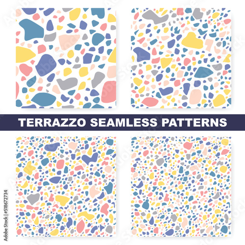 Set of seamless terrazzo patterns. Unique multicolor templates, repeating backgrounds. Marble textures.