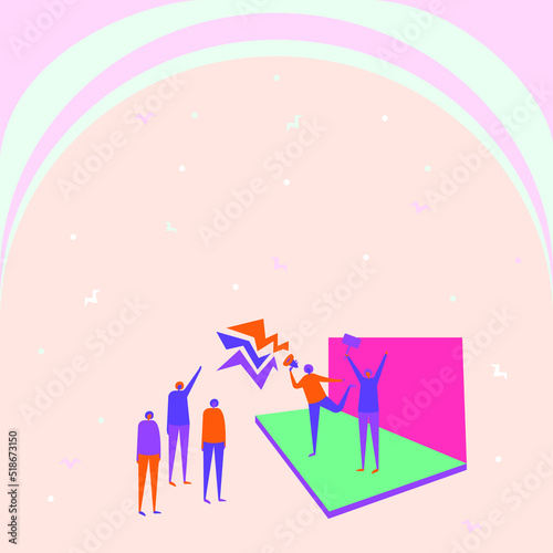 Illustration of colorful male and female characters at a protest with megaphones