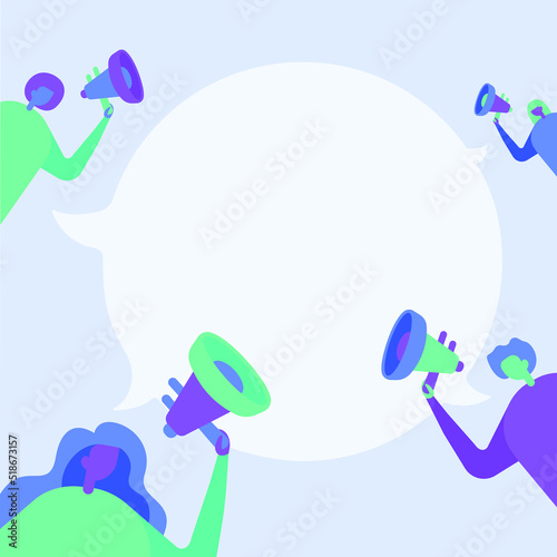 Illustration of colorful male and female characters talking about the same topic with megaphones