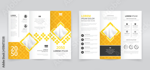 Yellow and black colored elegant trifold brochure template, trifold flyer layout, pamphlet, leaflet	