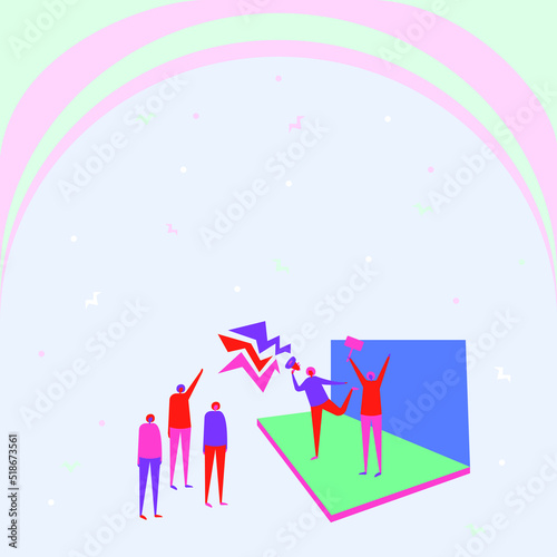 Illustration of people announcing on a stage on a colorful background - announcement background
