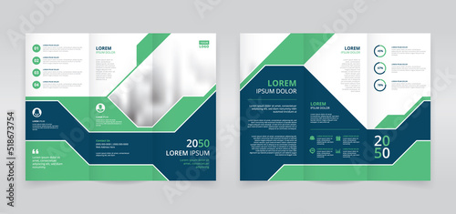 Emerald green and dark blue colored tech themed trifold brochure template, trifold flyer layout, pamphlet, leaflet 