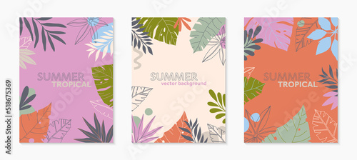 Summer vector illustrations in trendy flat style with copy space for text.Abstract backgrounds with tropical leaves,plants.Tropical banners for social media,posters,prints.Cover design templates. © Xenia Artwork 