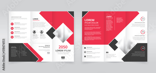 Red and black colored simple and modern trifold brochure template, trifold flyer layout, pamphlet, leaflet	 photo