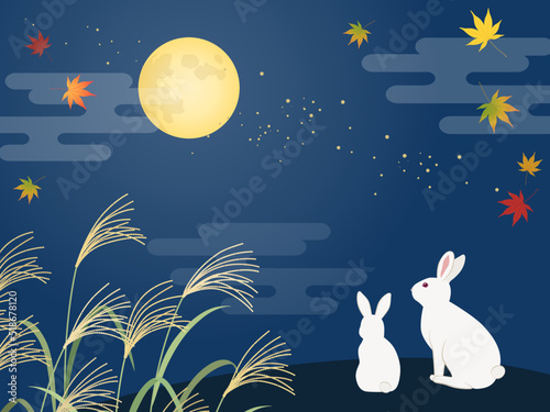 十五夜の満月を見るウサギと風景_ベクターイラスト