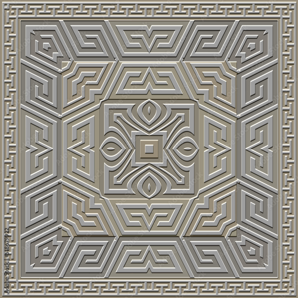 Square 3d panel with frames. Emboss textured ornamental greek 3d background. Vector repeat surface tribal ethnic ancient style backdrop. Modern relief greek key meanders ornament. Embossed texture