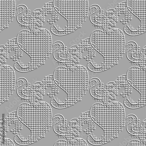Textured circles white 3d seamless pattern. Floral vector grunge background. Embossed Paisley flowers, leaves with circles, dots. Polkadot repeat surface backdrop. Relief emboss polka dots ornaments