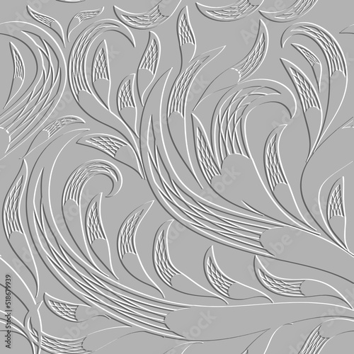 3d textured white floral seamless pattern. Surface paisley flowers embossed vector background. Repeat relief white ornate backdrop. Paisley flowers emboss 3d ornaments with embossing effect. Texture