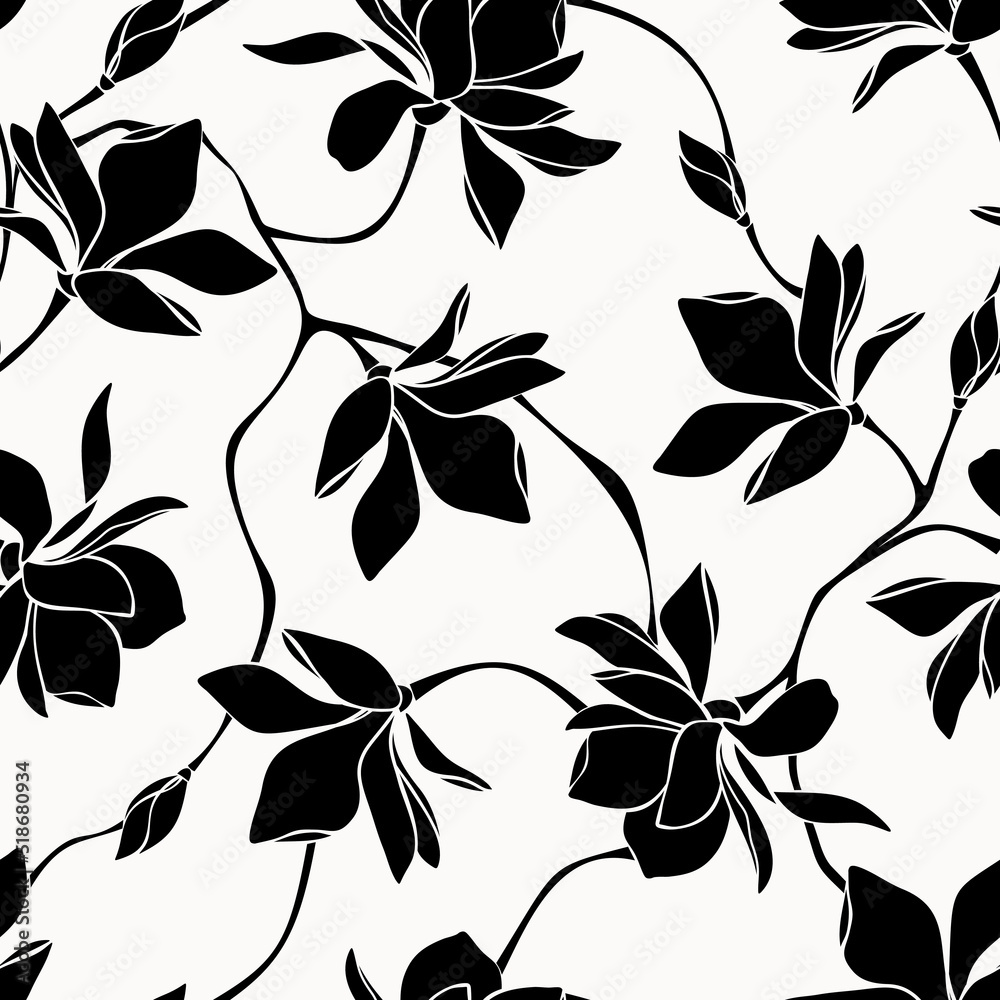 Floral pattern with magnolia flowers. Vector black and white seamless ...