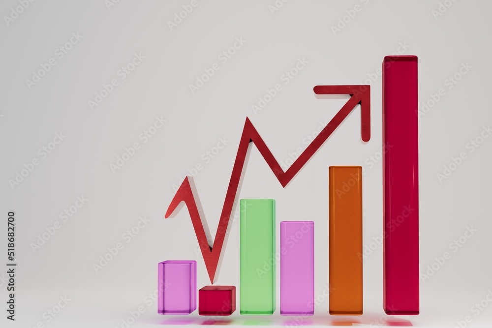 growth chart.a graph in the form of a red arrow located above a multi-colored chart on a white background with a ruler below the graph.graphical display of progress.performance, sales.3d illustration growth chart.a graph in the form of a red arrow located above a multi-colored chart on a white background with a ruler below the graph.graphical display of progress.performance, sales.3d illustration