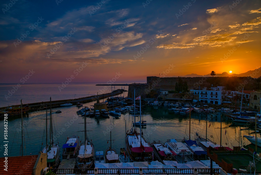 sunset in the port Sunrise, Kayrenia castle,cloud, colorful Cyprus 