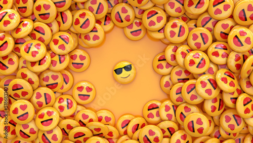 3D rendering of a bunch of emojis with a lover's face surrounding another one with sunglasses