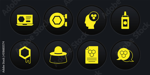 Set Honeycomb, Jar of honey, Beekeeper with protect hat, Hanging sign honeycomb, and online service icon. Vector