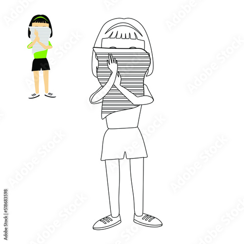 Cute girl pose fitness, aerobics and yoga classes. Cheerful character with palatine linear vector illustration. Coloring book for children.