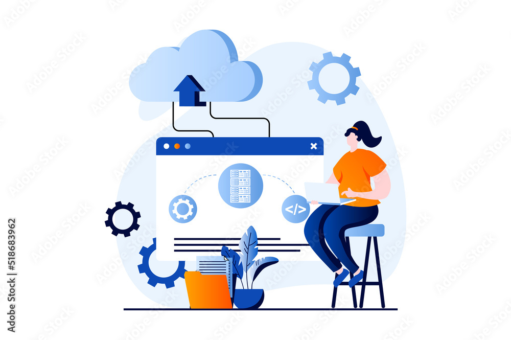 SaaS concept with people scene in flat cartoon design. Woman works on laptop, programming, computing processes using cloud technology. Software as a service. Vector illustration visual story for web SaaS concept with people scene in flat cartoon design. Woman works on laptop, programming, computing processes using cloud technology. Software as a service. Vector illustration visual story for web