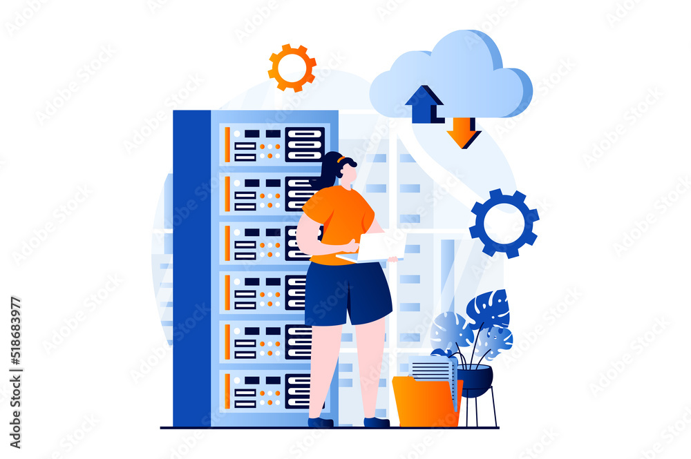 SaaS concept with people scene in flat cartoon design. Woman works with online databases, exchanges files and uses cloud technology. Software as a service. Vector illustration visual story for web