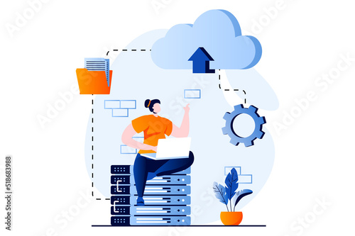 SaaS concept with people scene in flat cartoon design. Woman exchanges files and information and computing using cloud technology. Software as a service. Vector illustration visual story for web