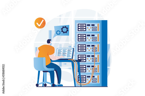 Server maintenance concept with people scene in flat cartoon design. Man working at laptop in server rack hardware room, settings and optimization connection. Vector illustration visual story for web