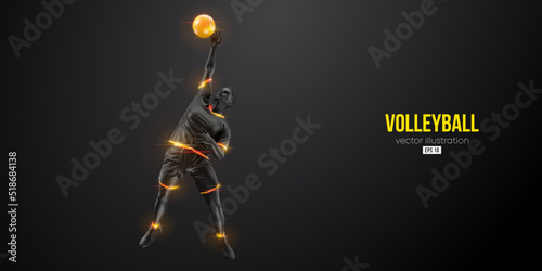 Abstract silhouette of a volleyball player on black background. Volleyball player man hits the ball. Vector illustration