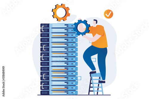 Server maintenance concept with people scene in flat cartoon design. Man working in server rack hardware room, settings and optimization, fixing connection. Vector illustration visual story for web